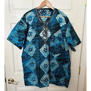 African Unisex Dashiki Shirt Blue Black & White